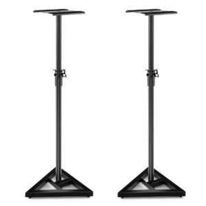 Conjunto de 2 suportes para caixas de som com base triangular estável, suporte de chão, capacidade de carga de até 50 kg, preto
