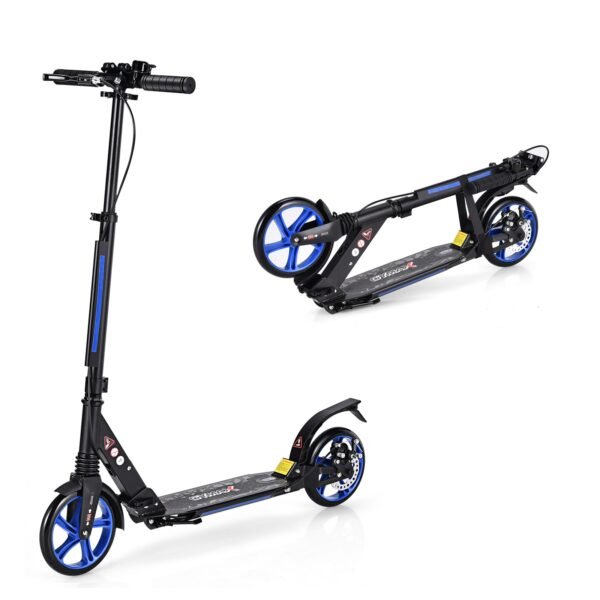 Patinete esportivo com plataforma de alumínio, patinete dobrável com altura ajustável, rodas pretas e azuis.