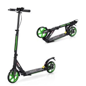 Patinete esportivo com plataforma de alumínio, altura ajustável, dobrável, com rodas pretas e verdes.