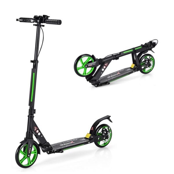 Patinete esportivo com plataforma de alumínio, altura ajustável, dobrável, com rodas pretas e verdes.