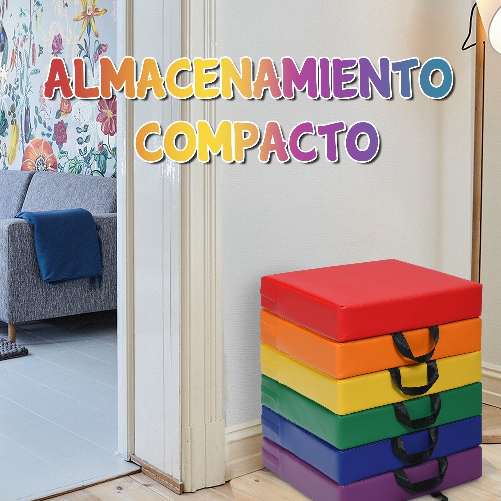 Conjunto de 6 almofadas de chão quadradas de 38 cm para crianças pequenas, assentos flexíveis de espuma macia com alças - Colorido - Image 4