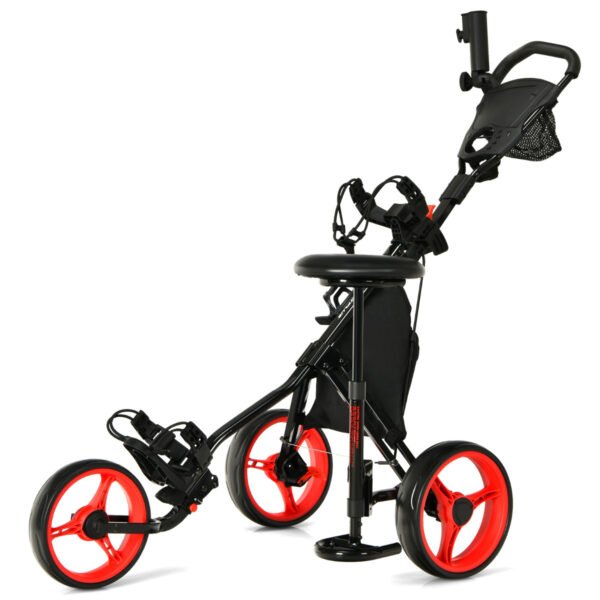 Carrinho de golfe dobrável de 3 rodas com assento, placar e alça ajustável - Vermelho