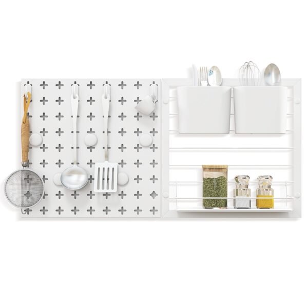 Kit de painel perfurado combinado para organização de parede com ímãs e ganchos.