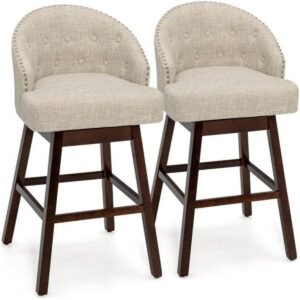 Conjunto de 2 banquetas giratórias de bar com estofamento capitonê e pés de madeira de seringueira - Bege