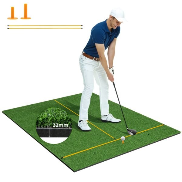 Tapete de grama sintética para prática de golfe em ambientes internos e externos. Inclui 2 tees de borracha e 2 varetas de alinhamento de 32 mm.
