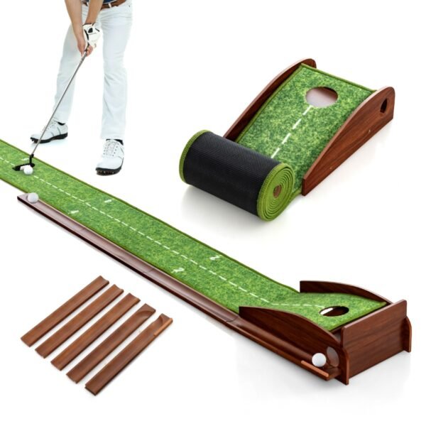 Tapete de treino de golfe para putting com retorno automático de bolas e 3 bolas incluídas.