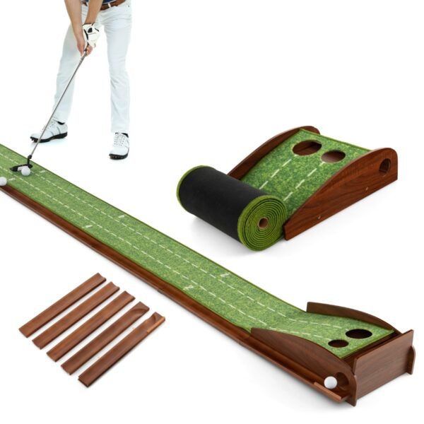 Tapete de treino de golfe para putting com retorno automático de bolas e 2 tamanhos de buraco.