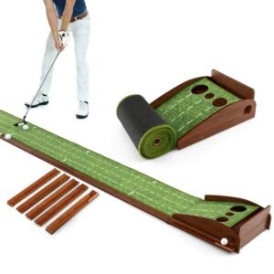 Tapete de treino de golfe para putting com retorno automático de bolas e 3 tamanhos de buracos.
