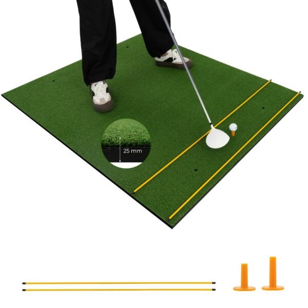 Tapete de grama sintética para prática de golfe em ambientes internos e externos. Inclui 2 tees de borracha e 2 varetas de alinhamento de 25 mm.
