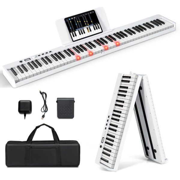 Teclado eletrônico dobrável com 88 teclas iluminadas, teclado digital branco.