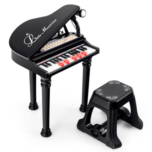 Teclado de piano infantil com 31 teclas, banquinho, microfone e tampa - Preto