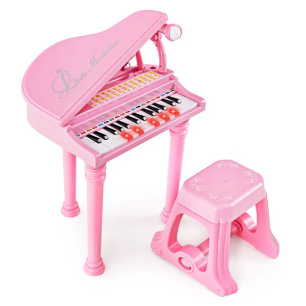 Teclado de piano infantil com 31 teclas, banquinho, microfone e tampa - Rosa