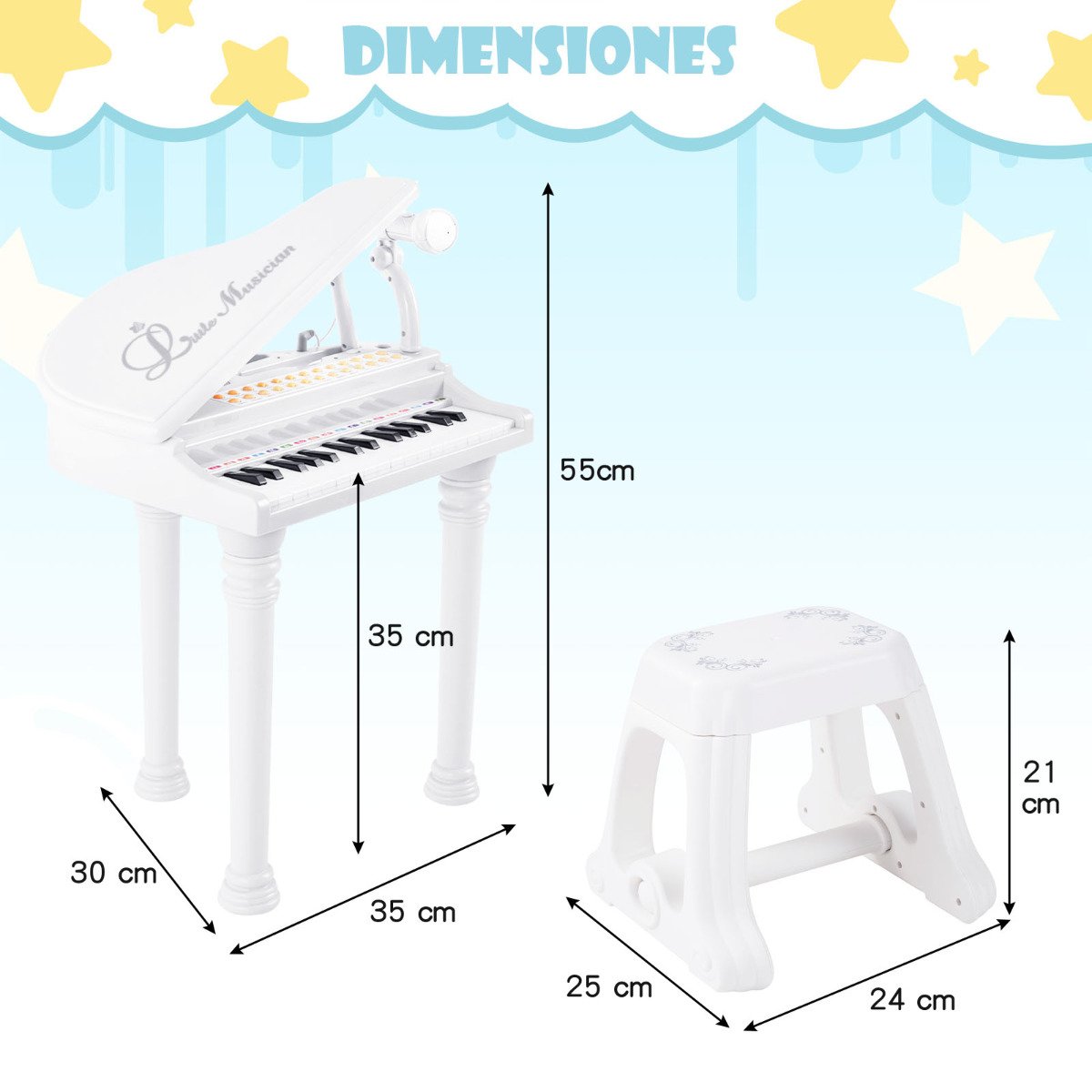 Teclado de piano infantil com 31 teclas, banquinho, microfone e tampa - Branco - Image 3