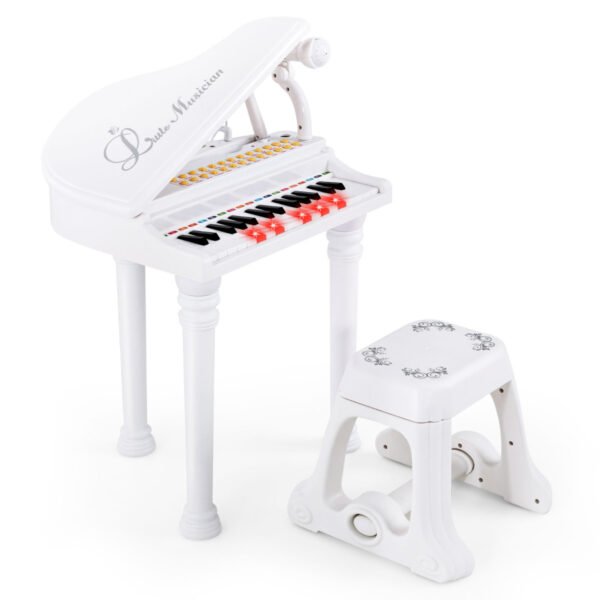 Teclado de piano infantil com 31 teclas, banquinho, microfone e tampa - Branco