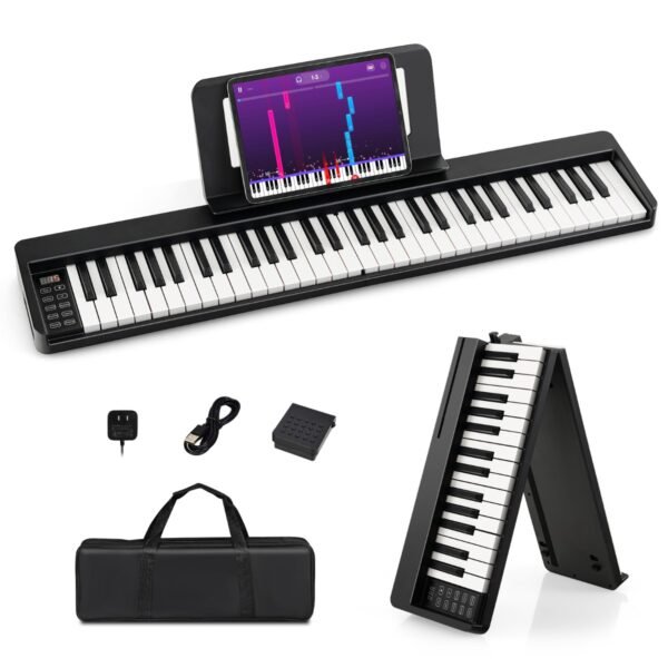 Piano digital com 61 teclas, Bluetooth, estante de partitura, pedal e bolsa dobrável para piano.