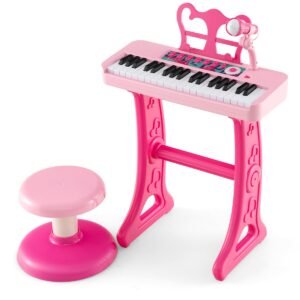 Teclado de Piano Infantil com 37 Teclas e Microfone para Crianças a partir de 3 Anos - Rosa