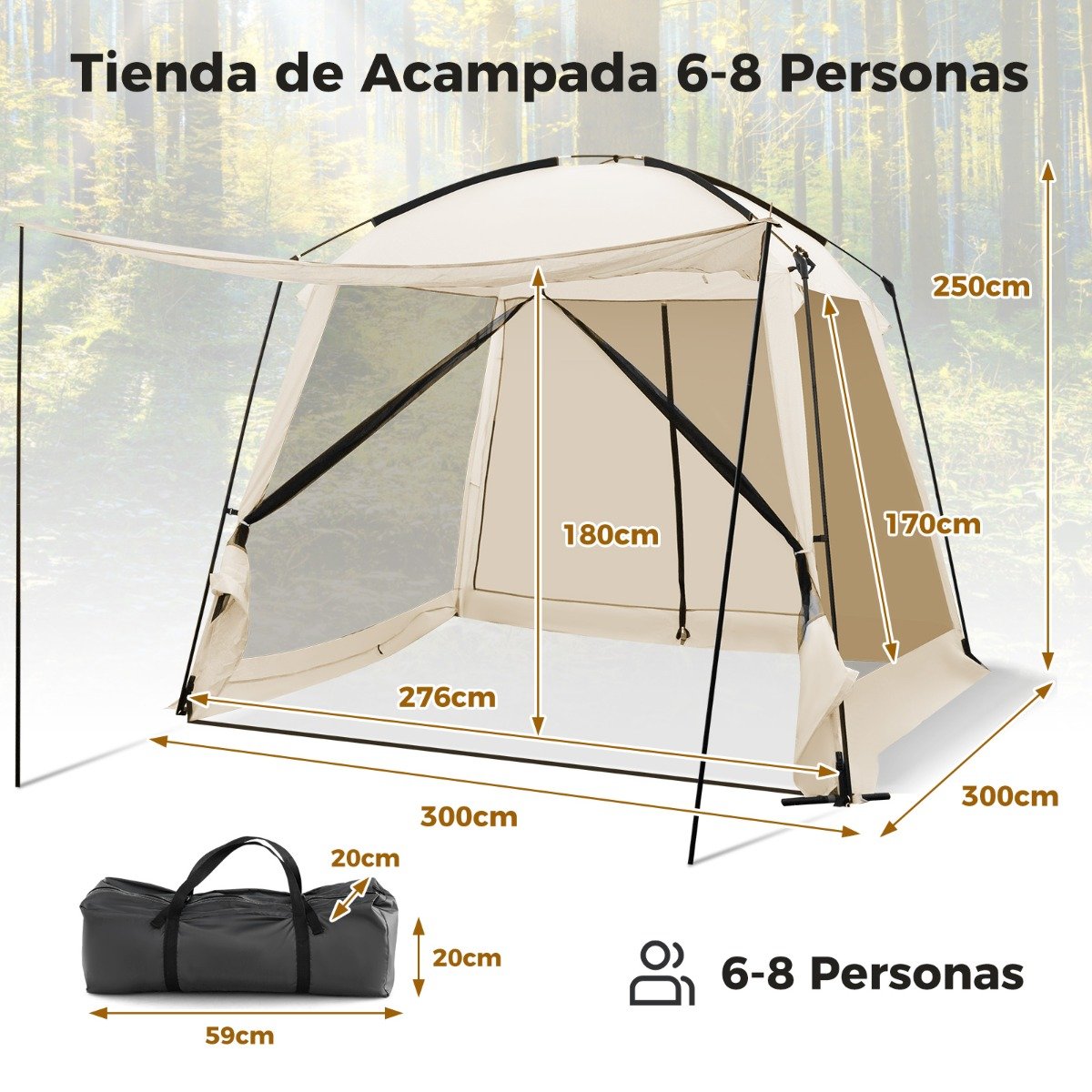 Tenda com cobertura telada de 300 x 300 cm com vestíbulo e porta com zíper - Bege - Image 3