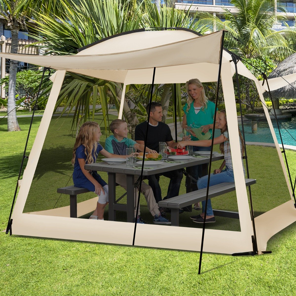 Tenda com cobertura telada de 300 x 300 cm com vestíbulo e porta com zíper - Bege - Image 4