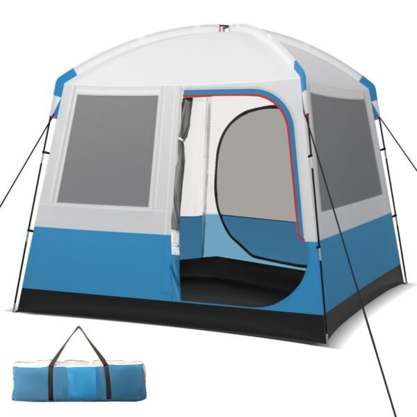 Barraca de camping para 5 pessoas com portas e janelas em tela mosquiteira e bolsa de transporte - Azul e Branca