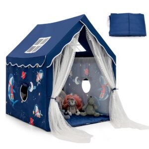 Tenda infantil grande com tapete acolchoado removível e cortina de gaze para a porta - Azul