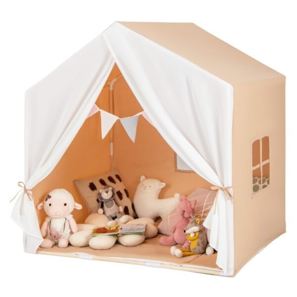 Tenda infantil para brincar com tapete de algodão lavável e bandeirinha - marrom claro