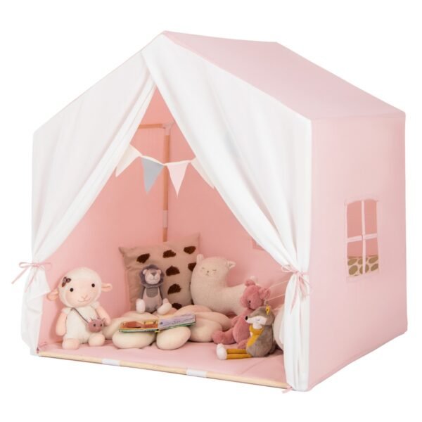 Tenda infantil para brincar com tapete de algodão lavável e bandeirinhas - Rosa