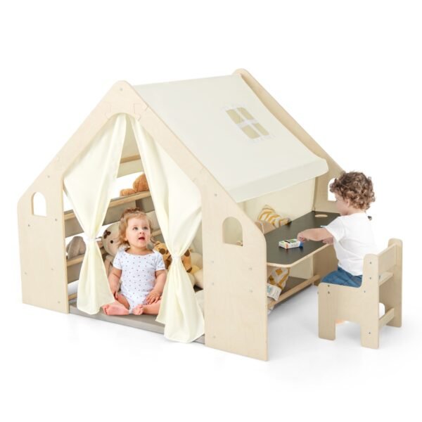 Tenda de Brincar Infantil 6 em 1 com Quadro Negro, 6 Caixas de Armazenamento e Almofada de Chão - Bege