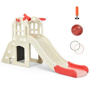 Tobogã grande 6 em 1 com cesta de basquete para playground interno e externo - Rosa