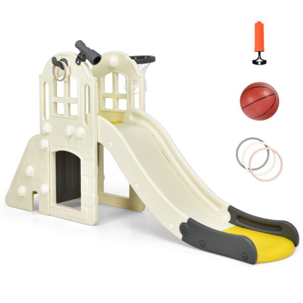Tobogã grande 6 em 1 com cesta de basquete para playground interno e externo - Amarelo
