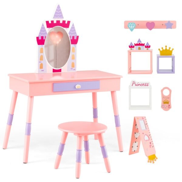 Conjunto de penteadeira infantil estilo princesa com banqueta, gaveta e espelho - Rosa