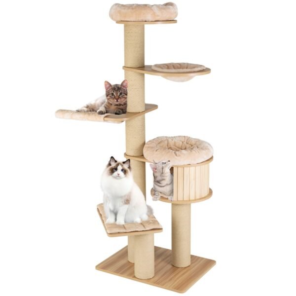 Árvore para gatos de vários níveis com poleiro de pelúcia, plataforma acolchoada e cama em forma de cesta.