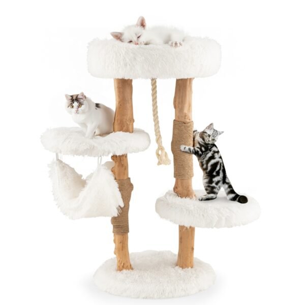 Torre para gatos em madeira maciça com postes de juta para arranhar e corda para pendurar, ideal para gatos de interior.