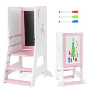 Banquinho de cozinha infantil com suporte para bebês, com quadro-negro e quadro branco - Rosa
