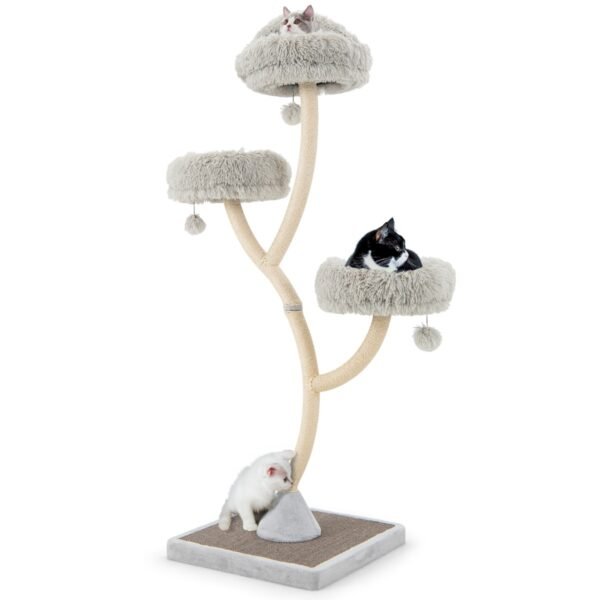 Árvore para gatos de 178 cm de altura, torre de 4 andares com 3 poleiros e bolas penduradas - Cinza