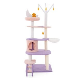 Torre alta para gatos de vários níveis de 167 cm com postes de arranhar revestidos de sisal - Roxo