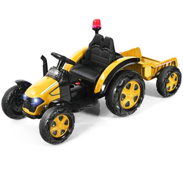 Trator 2V com controle remoto 2.4G e reboque removível para crianças de 3 a 8 anos, amarelo.