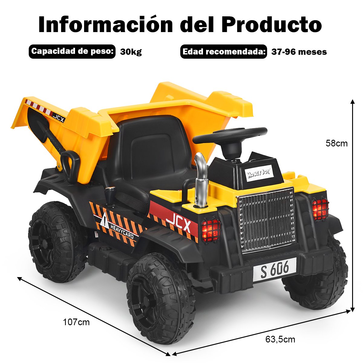 Trator infantil 12V com pá traseira elétrica, controle remoto, luzes, música e rádio para crianças a partir de 3 anos. - Image 3