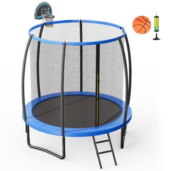 Cama elástica recreativa de 2,4 metros com cesta de basquete, rede e escada.
