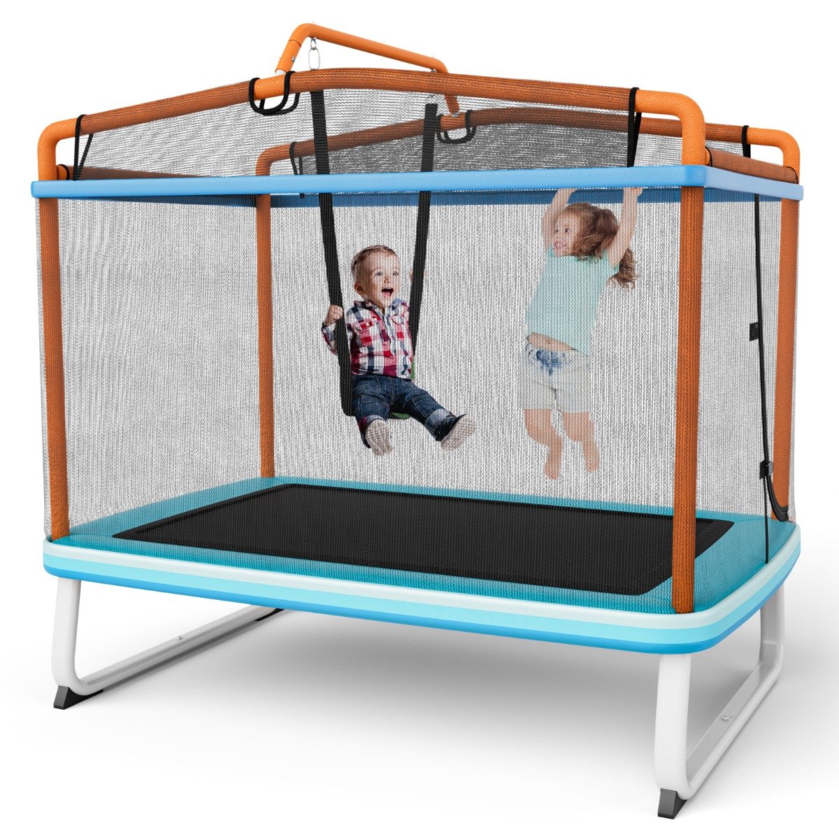 Cama elástica retangular infantil 3 em 1 de 190 cm com rede de proteção e barra horizontal - Laranja