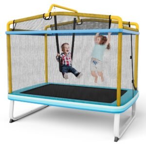 Cama elástica retangular infantil 3 em 1 de 190 cm com rede de proteção e barra horizontal - Amarela