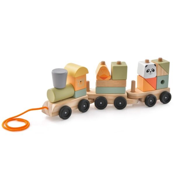Conjunto de trem de madeira de brinquedo com 3 seções e blocos de construção empilháveis.