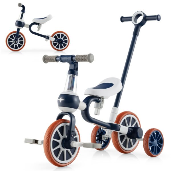 Triciclo infantil 4 em 1 com barra de empurrar ajustável para os pais, para crianças de 2 a 4 anos - Azul Marinho
