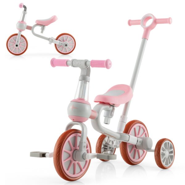 Bicicleta triciclo infantil 4 em 1 com barra de empurrar ajustável para os pais, para crianças de 2 a 4 anos - Rosa