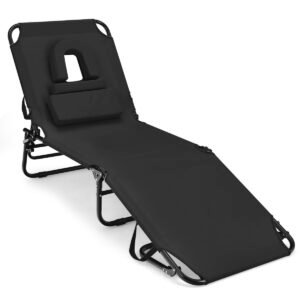 Cadeira de praia reclinável com almofadas removíveis para uso externo - Preta