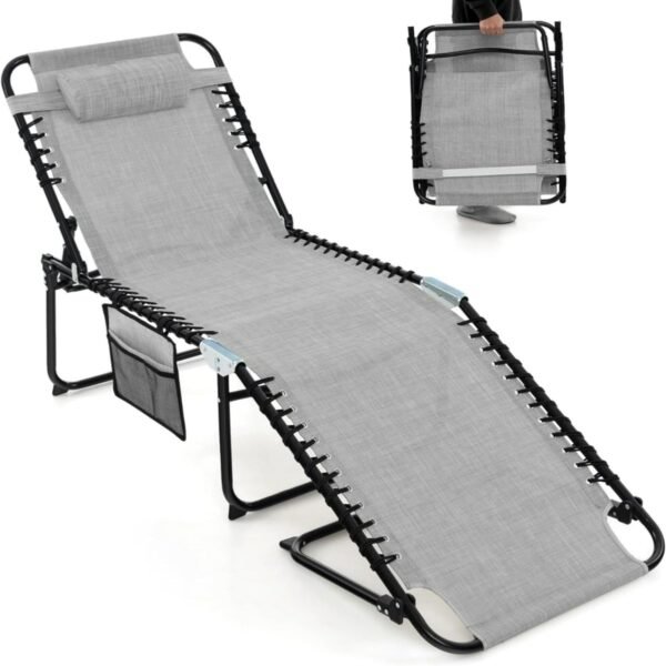 Espreguiçadeira dobrável para jardim com encosto ajustável, cinza, com apoio de cabeça e bolso lateral.
