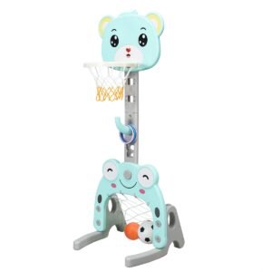 Conjunto 3 em 1 com cesta de basquete, suporte ajustável em altura, gol de futebol americano e jogo de arremesso de argolas.