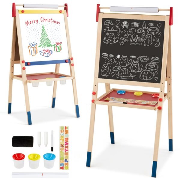 Cavalete de arte infantil multifuncional em madeira com altura ajustável