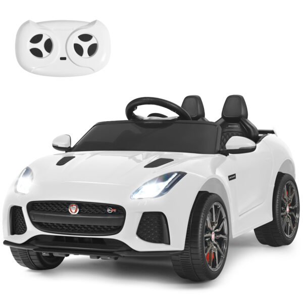 Carrinho elétrico infantil com histórias, música, buzina, faróis e controle remoto 2.4G branco.
