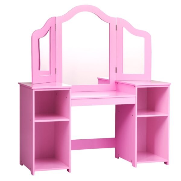 Conjunto de penteadeira infantil com espelho triplo dobrável para maquiagem - Rosa