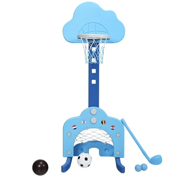 Conjunto de cesta de basquete 3 em 1 com suporte e altura ajustável - Azul Marinho